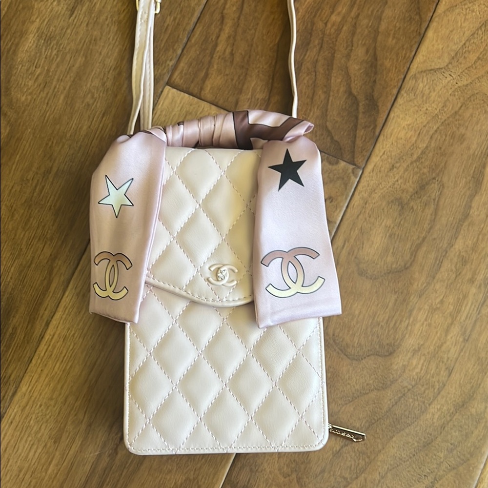 Cream and Pink Quilted Crossbody Bag with Chain Strap and twilly - hardly worn